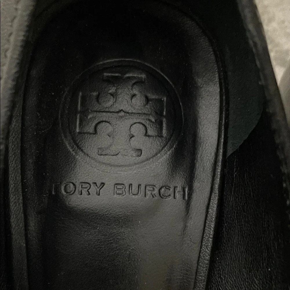 Tory Burch Black Leather Heels with Silver Accent - Picture 2 of 9
